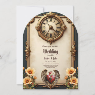 Vintage elegance: an elegant clock and heart. invitation