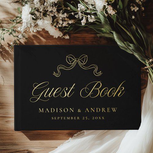 Vintage Elegance Black and Gold Bow Photo Wedding Foil Guest Book