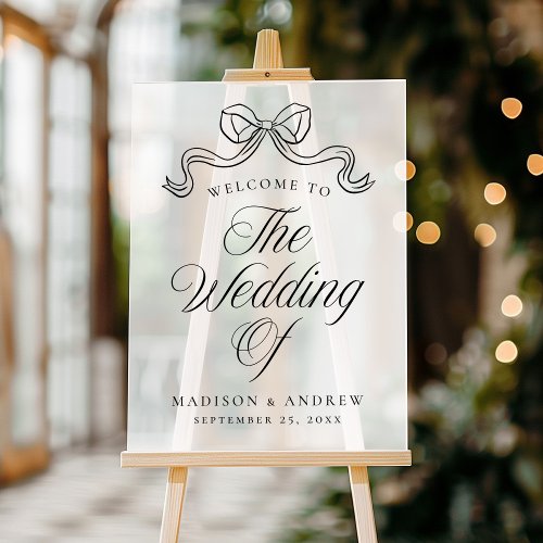 Vintage Elegance Black Bow Wedding Welcome Frosted Acrylic Sign