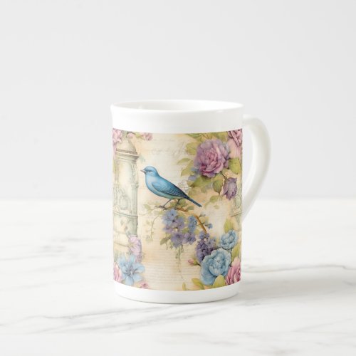 Vintage Elegance Blue Bird and Pink Flowers Bone China Mug