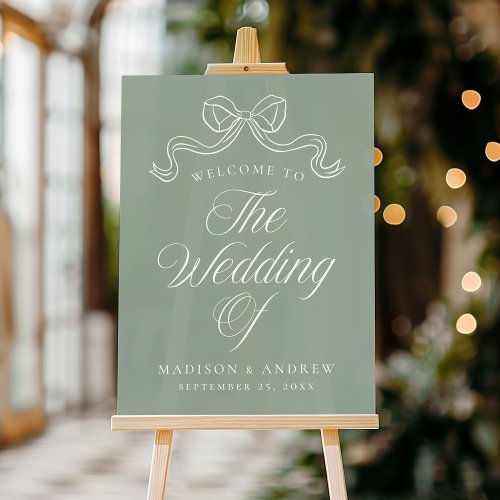 Vintage Elegance Bow Sage Green Wedding Welcome Acrylic Sign