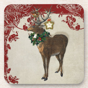 Vintage Elegance Christmas Deer Antlers Damask Beverage Coaster