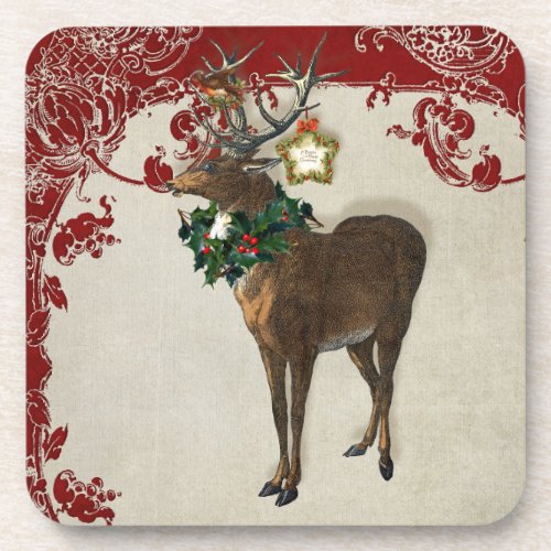 Vintage Elegance Christmas Deer Antlers Damask Beverage Coaster