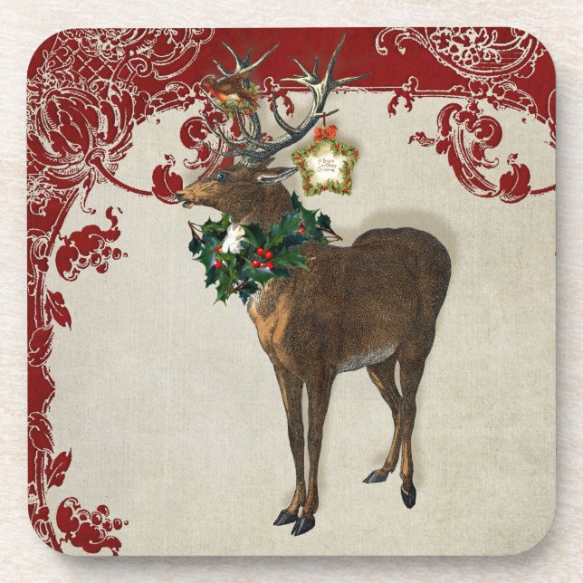 Vintage Elegance Christmas Deer Antlers Damask Beverage Coaster (Front)