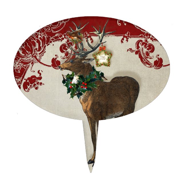 Vintage Elegance Christmas Deer Antlers Damask Cake Topper (Front)