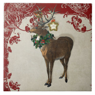 Vintage Elegance Christmas Deer Antlers Damask Ceramic Tile