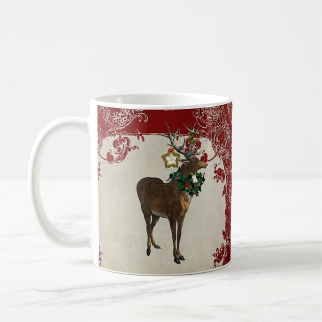 Vintage Elegance Christmas Deer Antlers Damask Coffee Mug (Left)