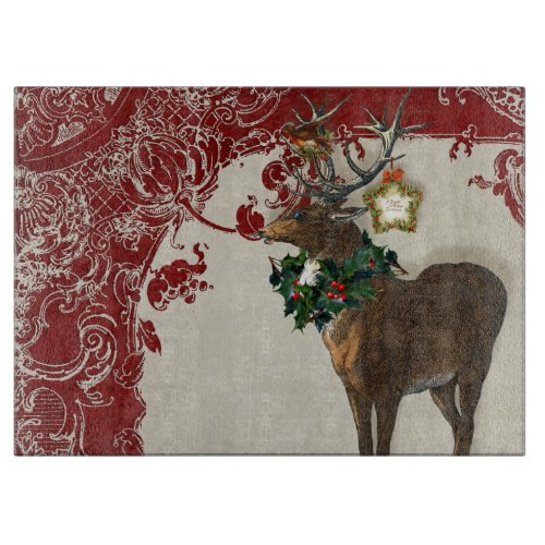 Vintage Elegance Christmas Deer Antlers Damask Cutting Board