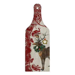 Vintage Elegance Christmas Deer Antlers Damask Cutting Board