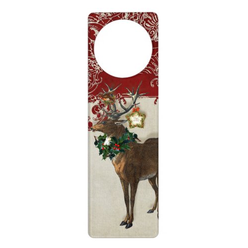 Vintage Elegance Christmas Deer Antlers Damask Door Hanger