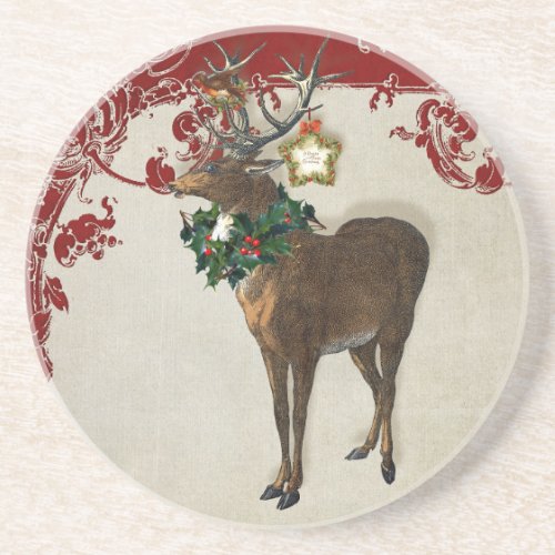 Vintage Elegance Christmas Deer Antlers Damask Drink Coaster