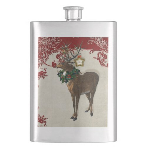 Vintage Elegance Christmas Deer Antlers Damask Hip Flask