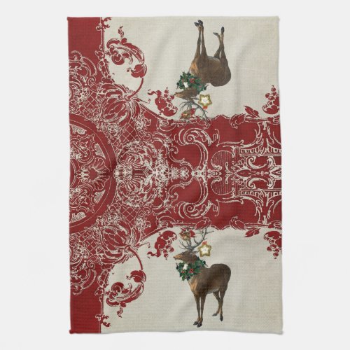 Vintage Elegance Christmas Deer Antlers Damask Kitchen Towel