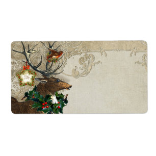 Vintage Elegance Christmas Deer Antlers Damask Label