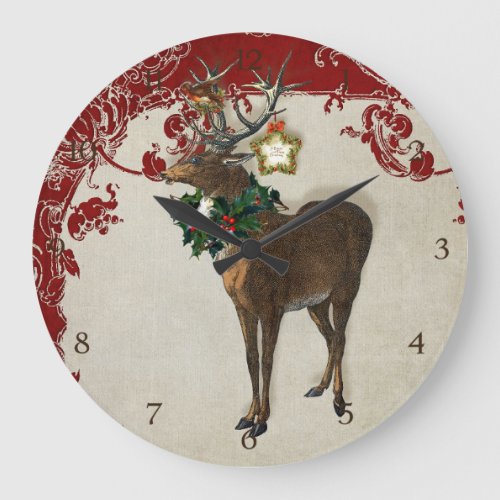 Vintage Elegance Christmas Deer Antlers Damask Large Clock