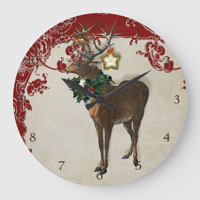 Vintage Elegance Christmas Deer Antlers Damask Large Clock (Front)