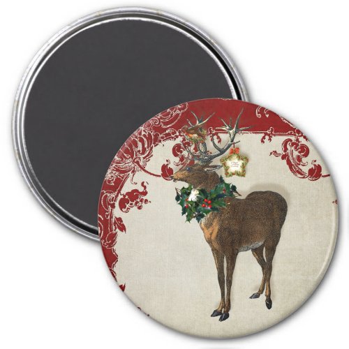 Vintage Elegance Christmas Deer Antlers Damask Magnet