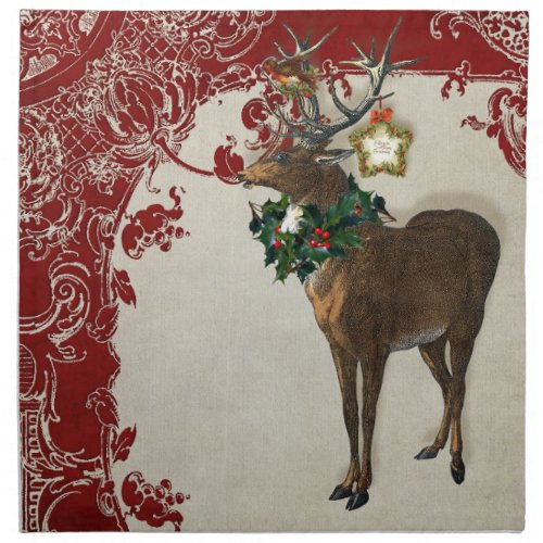 Vintage Elegance Christmas Deer Antlers Damask Napkin