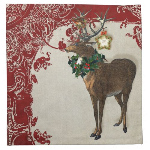 Vintage Elegance Christmas Deer Antlers Damask Napkin