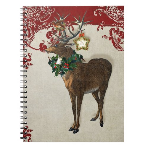 Vintage Elegance Christmas Deer Antlers Damask Notebook