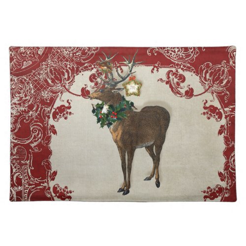 Vintage Elegance Christmas Deer Antlers Damask Placemat