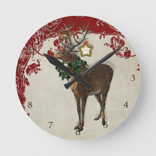 Vintage Elegance Christmas Deer Antlers Damask Round Clock