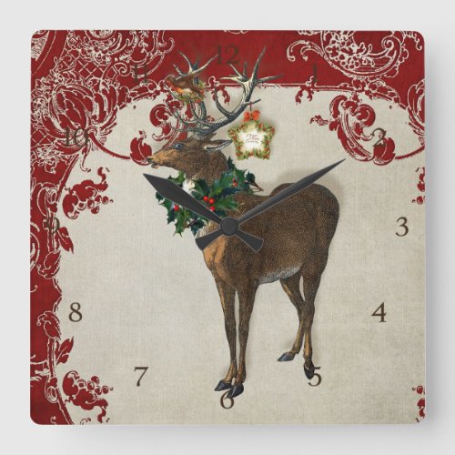 Vintage Elegance Christmas Deer Antlers Damask Square Wall Clock