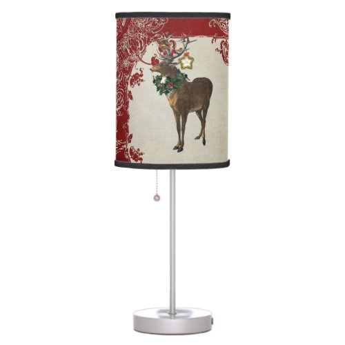 Vintage Elegance Christmas Deer Antlers Damask Table Lamp