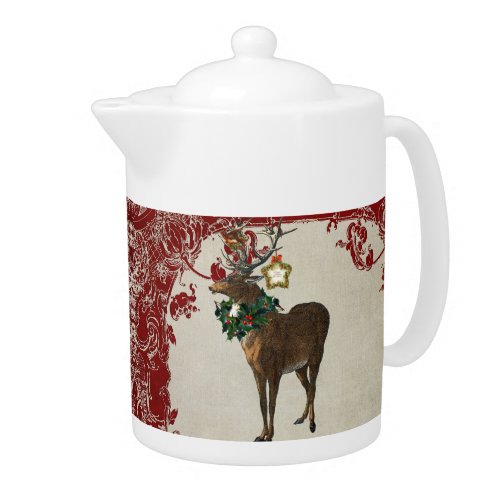 Vintage Elegance Christmas Deer Antlers Damask Teapot