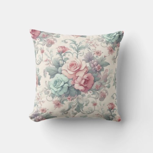 Vintage Elegance Floral Symphony Romantic Blooms Throw Pillow