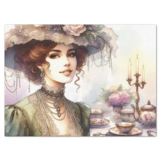 Vintage Elegance Lady in Hat at Tea Party 