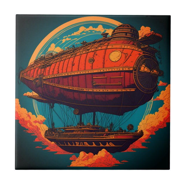 Vintage Elegance - Majestic Steampunk Airship Ceramic Tile (Front)