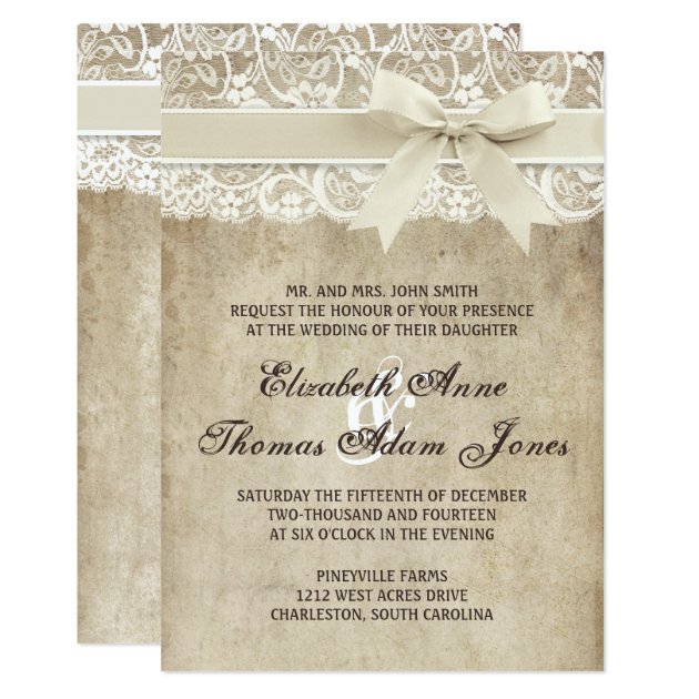 Vintage Elegance Ribbon On Lace Wedding Invitation