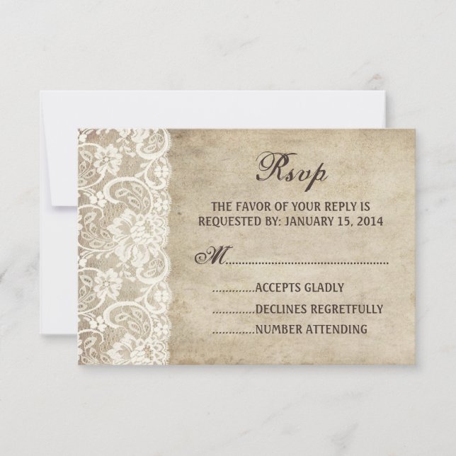 Vintage Elegance Ribbon on Lace Wedding RSVP card (Front)
