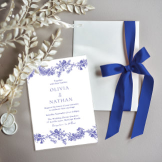 Vintage Elegance: Royal Navy Blue Floral Wedding Invitation