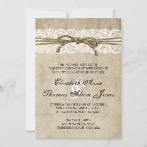 Vintage Elegance Twine on Lace Wedding Invitation