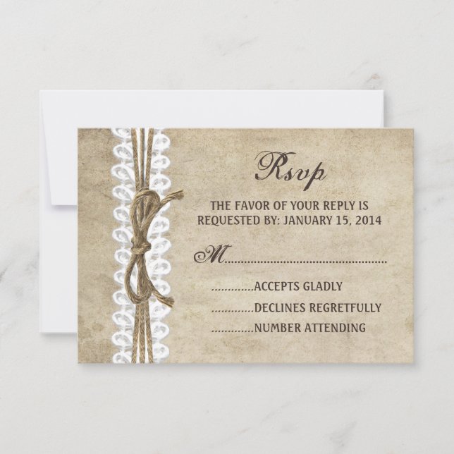 Vintage Elegance Twine on Lace Wedding RSVP card (Front)