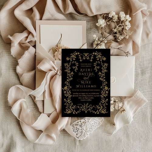 Vintage Eleganse Black Gold Flower Frame Wedding Invitation