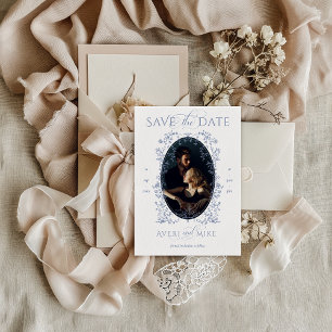 Vintage Eleganse Blue Flowers Photo Wedding Save The Date