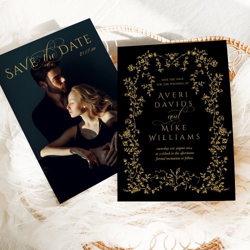 Vintage Eleganse Golden Flower Black Wedding Save The Date