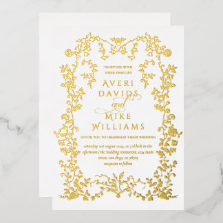 Vintage Eleganse Golden Flowers Frame Wedding Foil Invitation