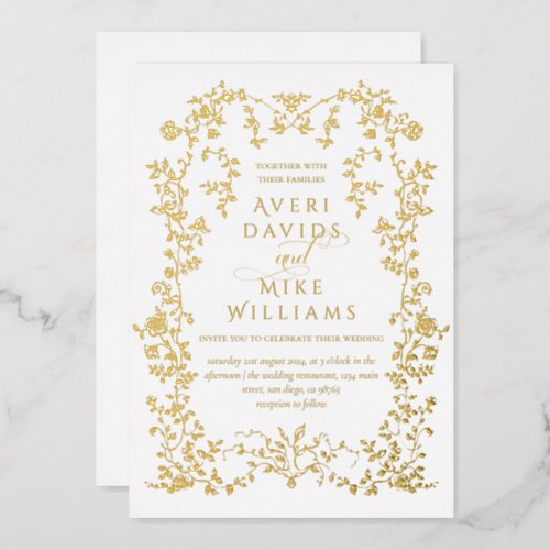 Vintage Eleganse Golden Flowers Frame Wedding Foil Invitation