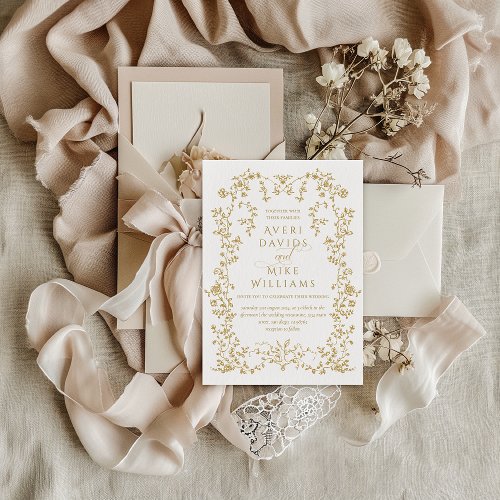 Vintage Eleganse Golden Flowers Frame Wedding Invitation