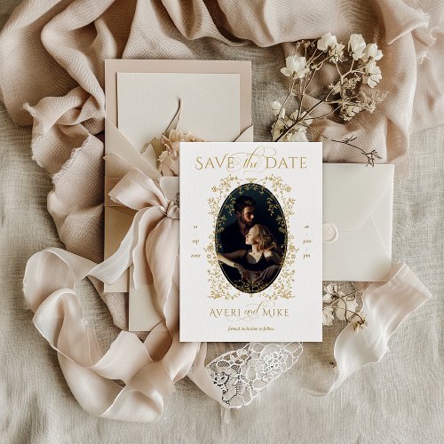 Vintage Eleganse Golden Flowers Photo Wedding Save The Date