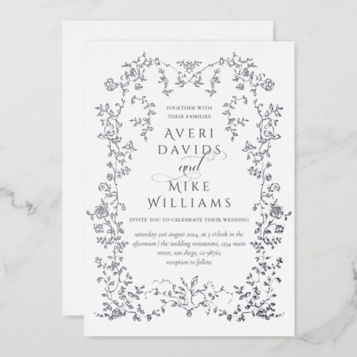 Vintage Eleganse Silver Flowers Frame Wedding Foil Invitation