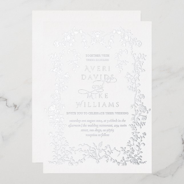 Vintage Eleganse Silver Flowers Frame Wedding Foil Invitation (Front/Back)