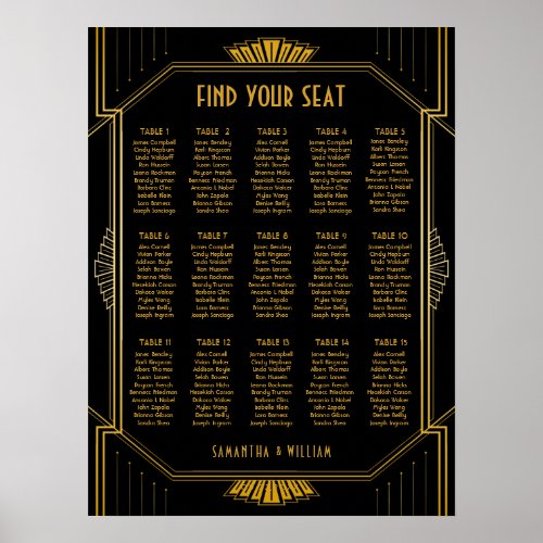 Vintage Elegant Art Deco Black Gold Seating Chart