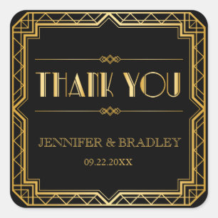 Vintage Elegant Art Deco Black Gold Wedding Favor Square Sticker
