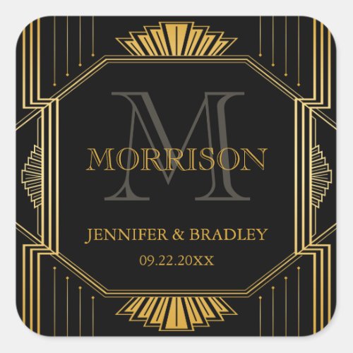 Vintage Elegant Art Deco Black Gold Wedding Favor Square Sticker