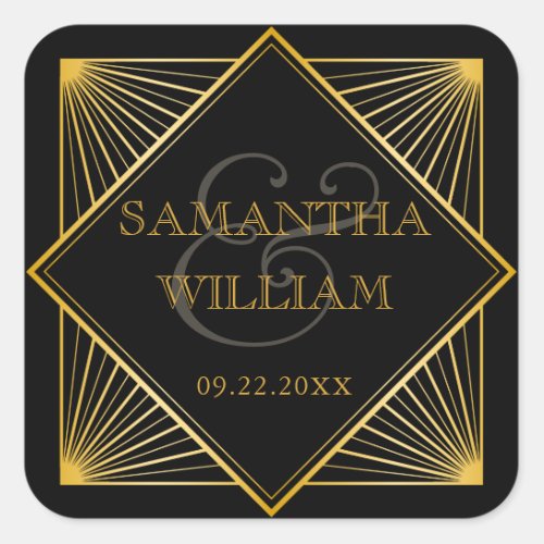 Vintage Elegant Art Deco Black Gold Wedding Favor Square Sticker